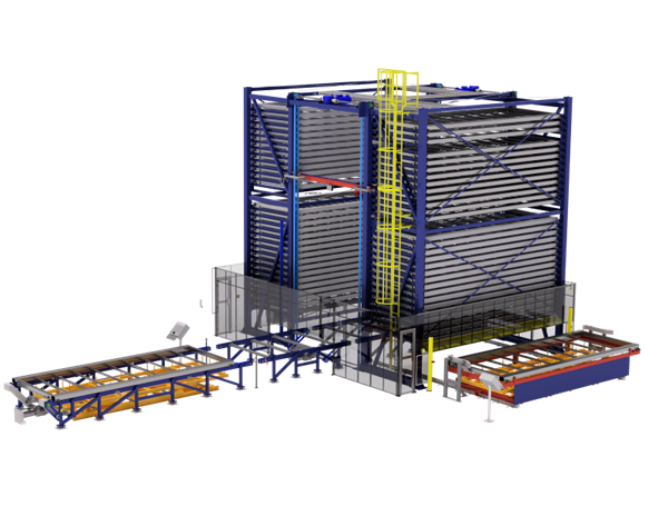 Sistem Double Tower pentru depozitarea tablei metalice, cu elevator comun