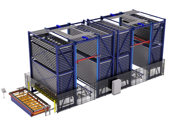 Sistem Double Tower pentru depozitarea tablei metalice, cu elevator comun